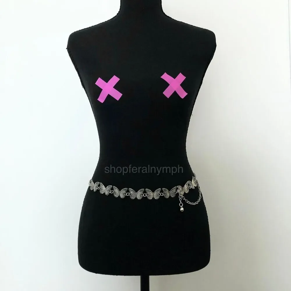 Vintage Y2K Silver Butterfly Chain Belt, Fits 12–36 Inches, X7GA1225